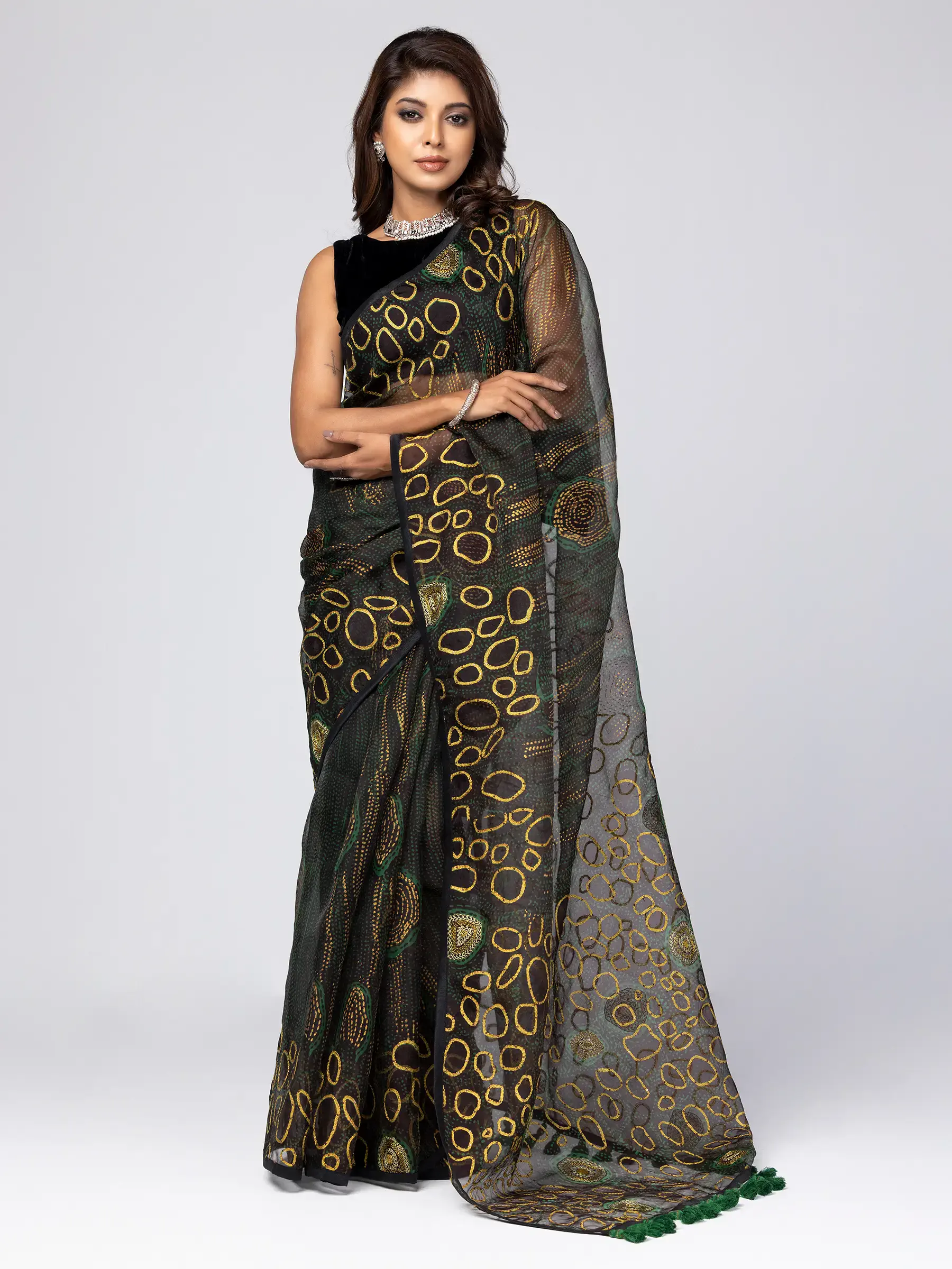 Black/Golden Printed and Embroidered Muslin Saree