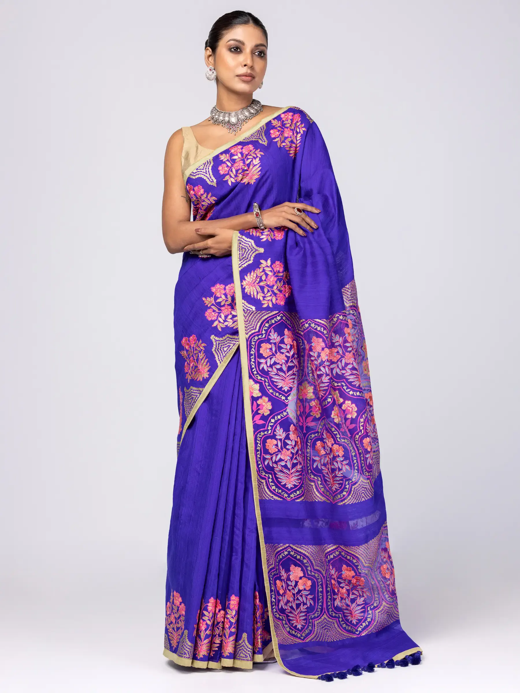Purple Blue Printed and Embroidered Endi Muslin Saree