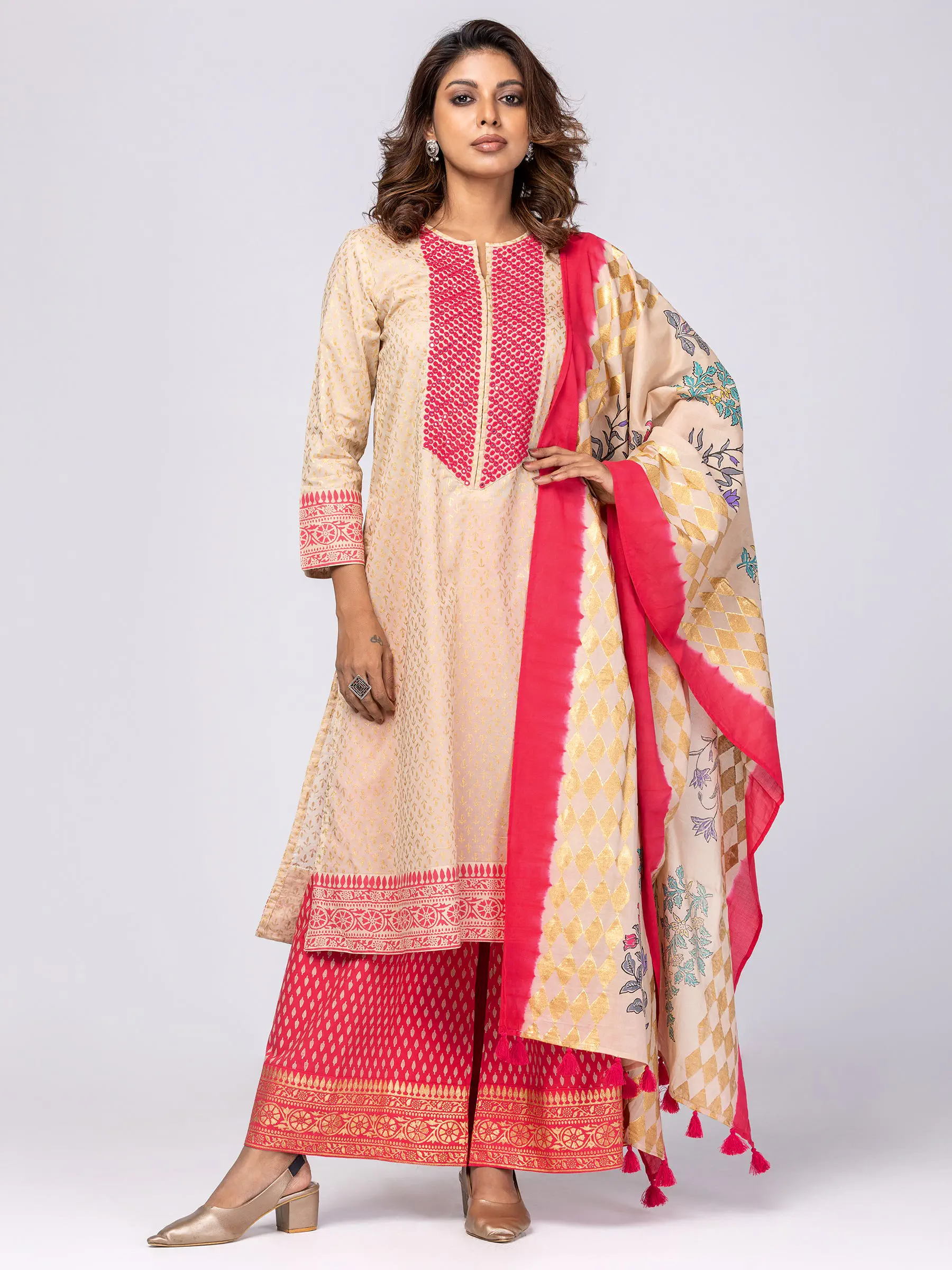 Beige Printed and Embroidered Voile Shalwar Kameez Set