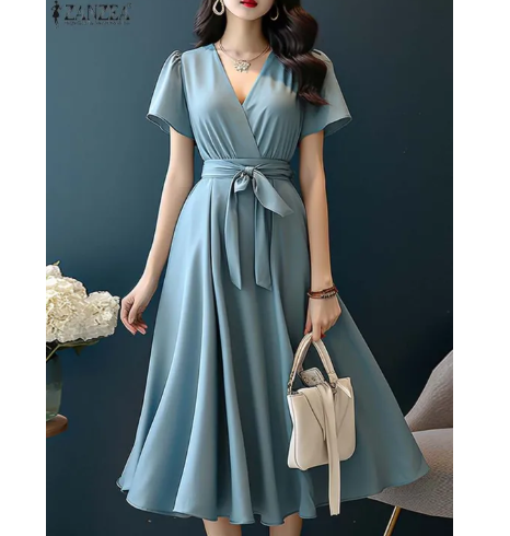 ZANZEA 2024 Elegant Short Sleeve A-line Dresses Women Fashion Solid Color Holiday Belted Vestidos Casual V Neck Midi Sundress